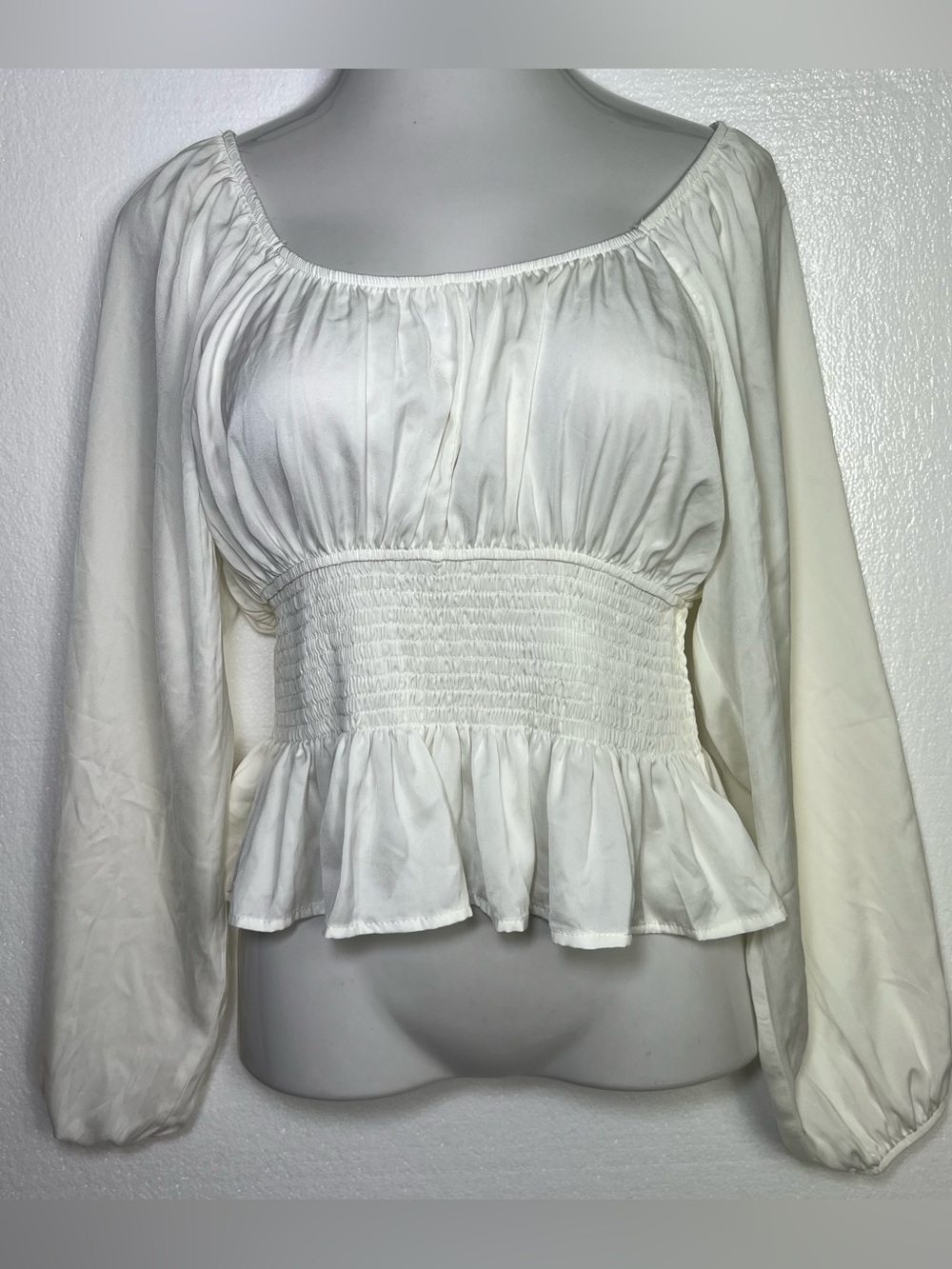 Sincerely Jules Ivory Size L Smocked Peplum Blouse Long Sleeve Cottagecore Roman